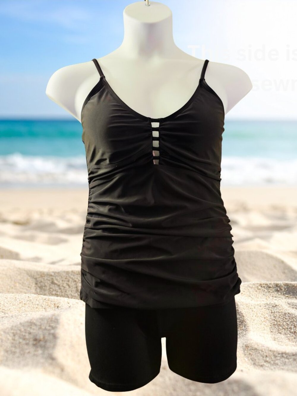Ocean Blues Black Tankini Swimsuit Set Bottoms (L) Top Ruched Swimwear (S/M)